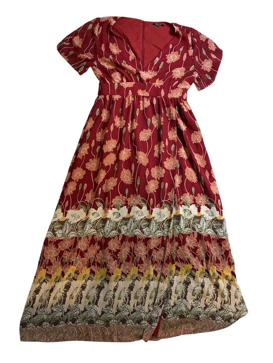 Madewell Burgundy Floral Maxi Dress with Cream & Yellow Border